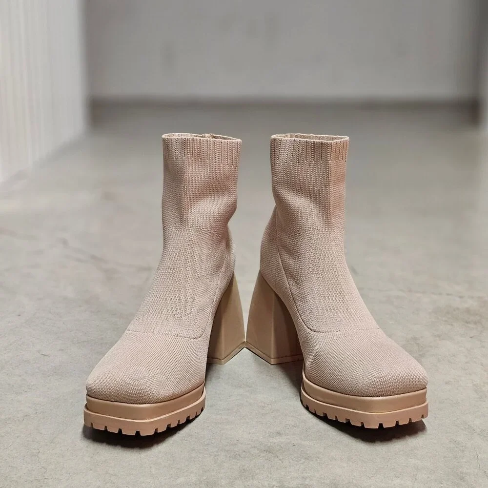Chunky Heel Ankle Boots With Sock Knit Upper & Lug Sole In Nude